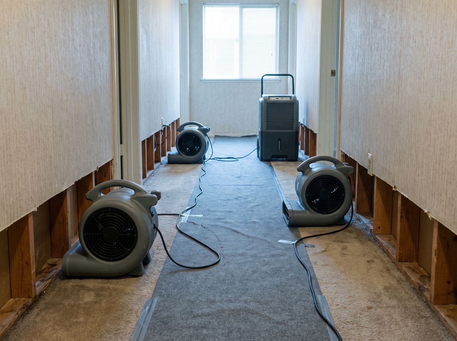 A dehumidifier and three air movers drying a carpeted apartment hallway, the lower drywall cut away along both walls